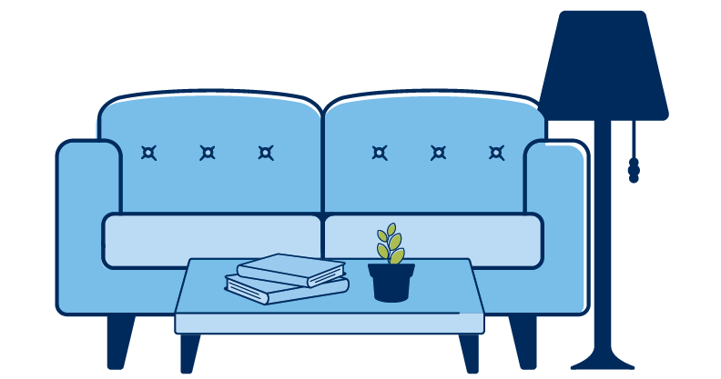 Light blue sofa next to a dark blue lamp.