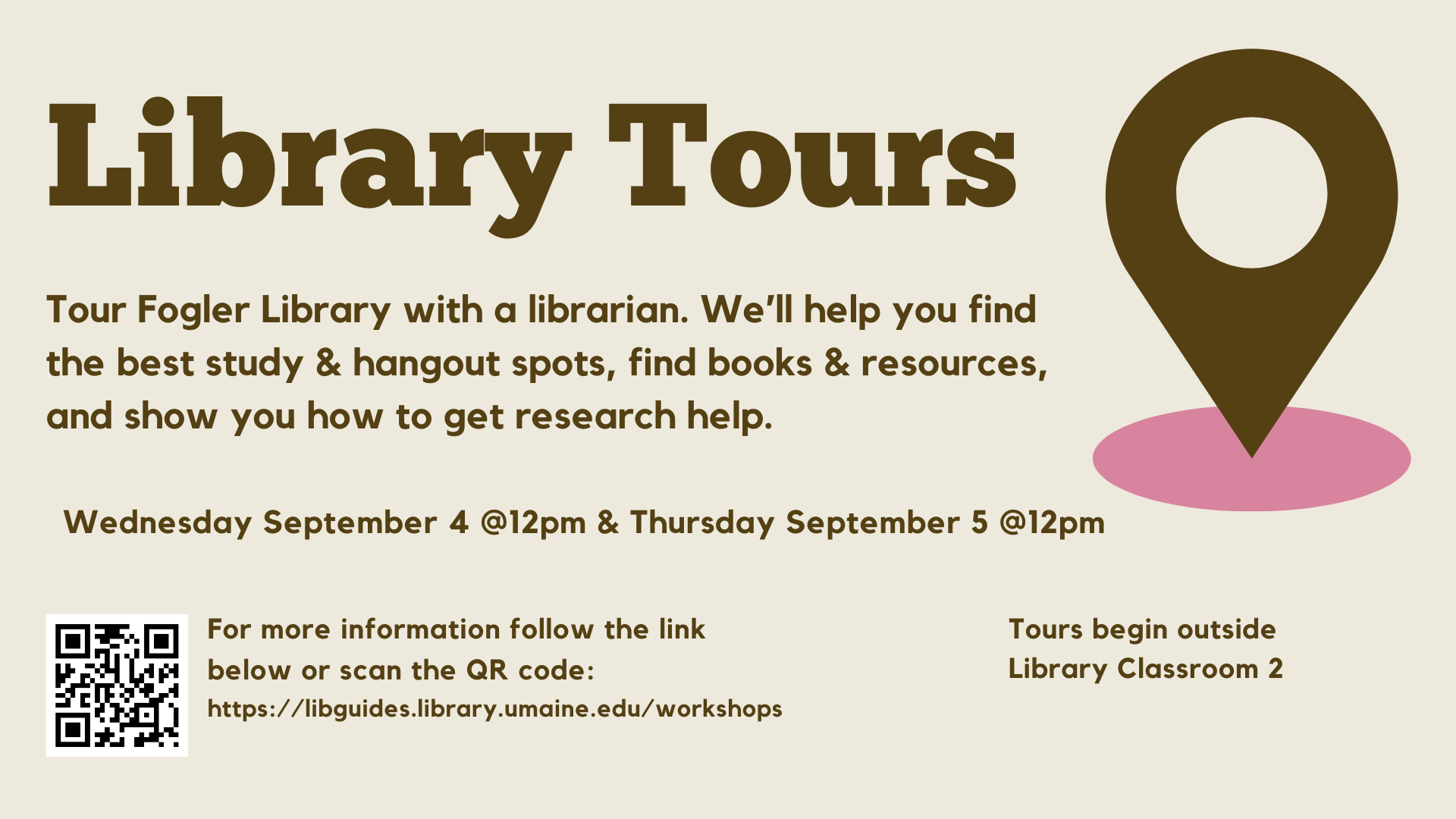description of Library Tours and an image of a map pin